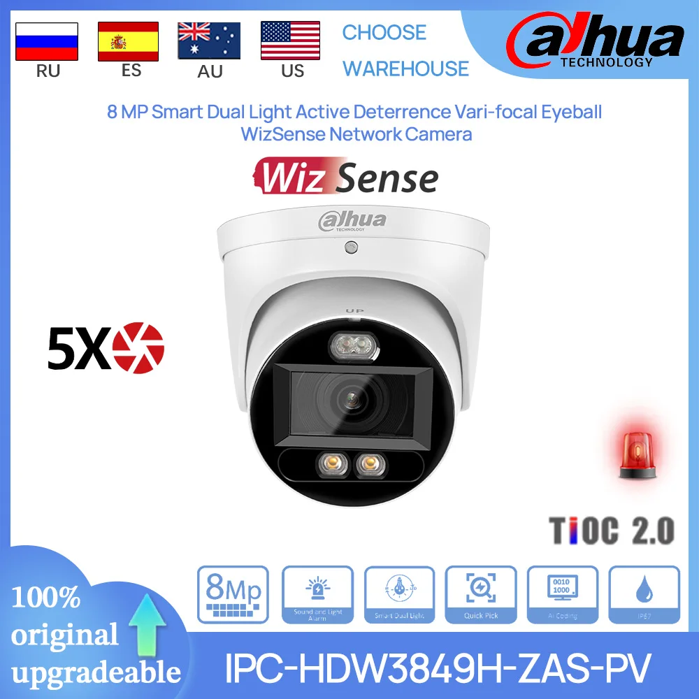 Dahua Original IPC-HDW3849H-ZAS-PV 8MP  POE Smart Dual Light Active Deterrence 5 ZOOM Vari-focal Eyeball WizSense Network Camera