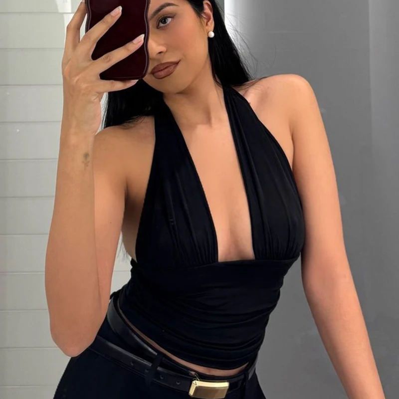 

Сексуальный черный топ-халтер без спинки для женщин, уличный шик, безрукавка, женская повседневная белая майка на весну-лето 2026