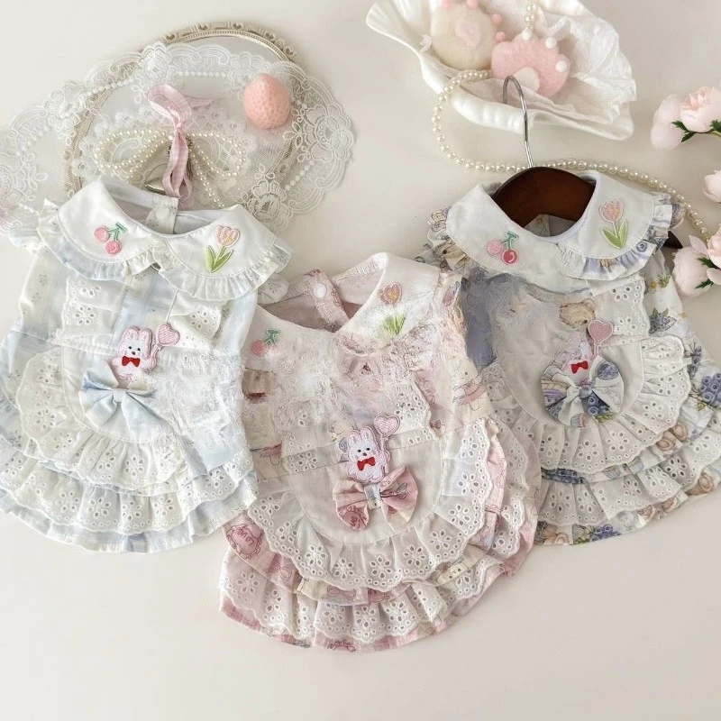 Heavy Craft Lolita Pet Dress Cartoon Bear Print Ruffle Lace Flying Sleeve Breathable Summer Cute Princess Daily Costume for Pets
