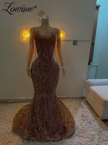 Glitter Sequins Strapless Party Dress Brown Mermaid Prom Dresses Tassels Crystal Mermaid Evening Gowns Black Girl Birthday Dress