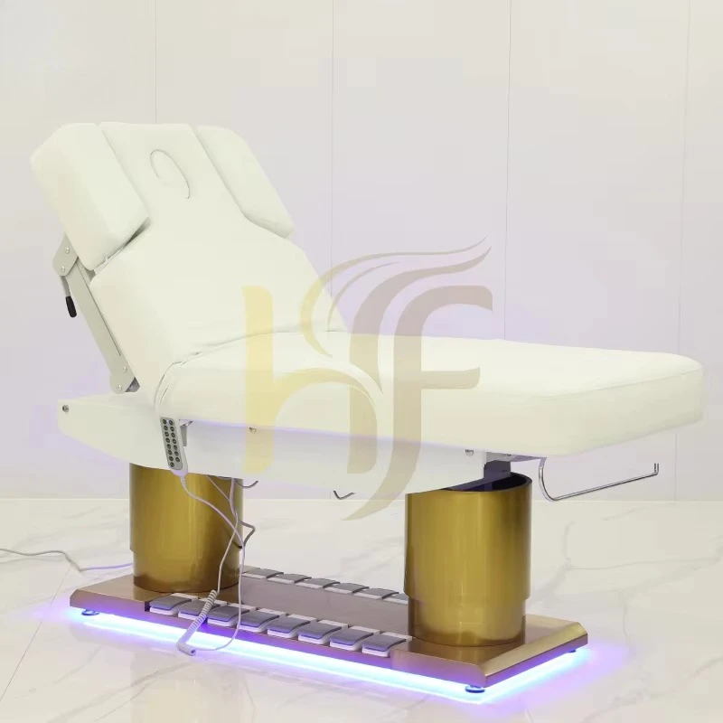4 Motors Beige Leather Clinic Salon Spa Bed Luxury Foot Control Golden Base Reclining Massage Table Bed with Led