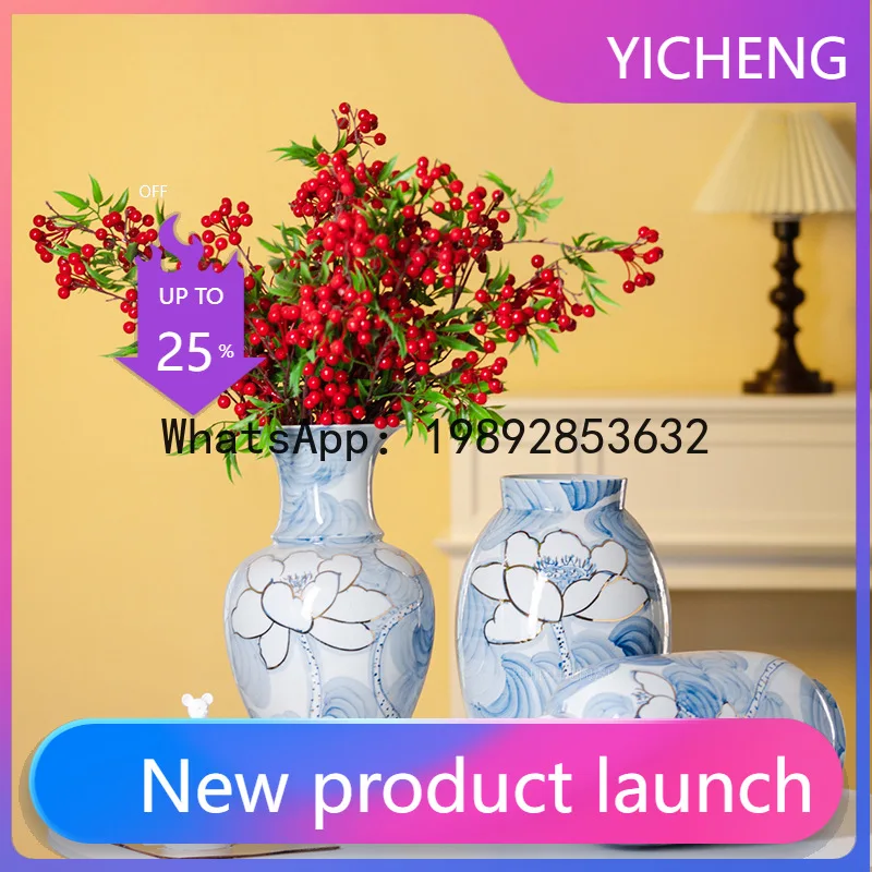 

Hand-painted lotus gold vase blue and white porcelain vase accessible luxury style classy sense flower arrangement ornaments