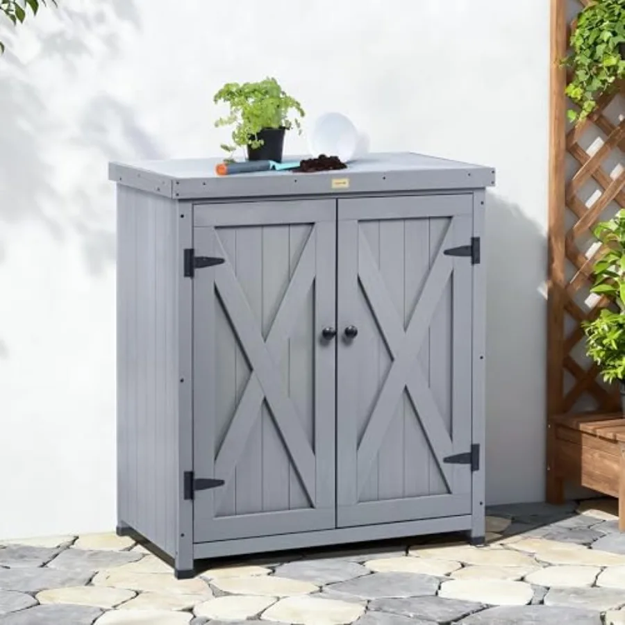 Outdoor Storage Cabinets Weatherproof for Patio, Garden Work Bench with Shelves and Metal Tabletop, Wooden Potting Table Workst