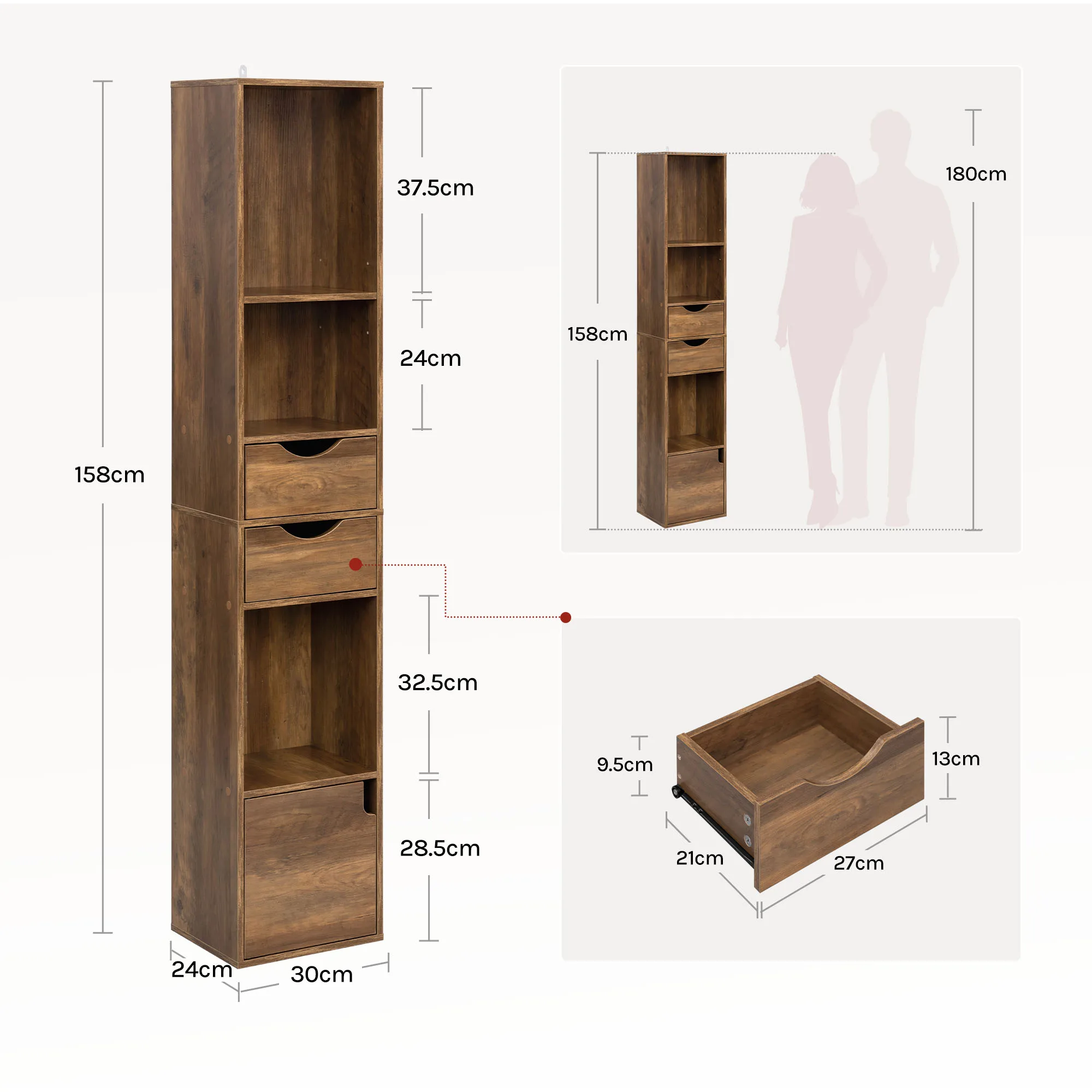 WOLTU Bücherregal, 30 x 158 x 24 cm, Standregal mit Schubladen, Tür, Heimbüro, Ausstellungsregal, Organizer für Wohnzimmerdekoration – Detail 3