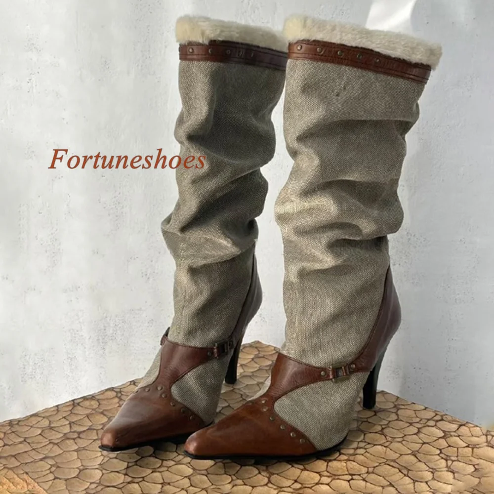 

Stiletto High Heel Pointed Toe Boots Knee High Slip On Women Boots Patchwork Solid Khaki Fashion Casual Denim 2024 Newest Boots