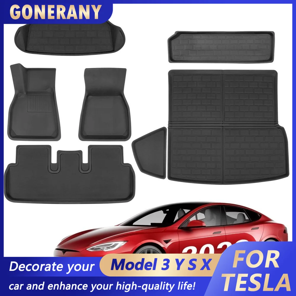 7PCS for Tesla Model S 2021- Plaid Floor Mats 3D Full Set Liners All-Weather Anti-Slip Waterproof Frunk & Trunk Mat Accessories