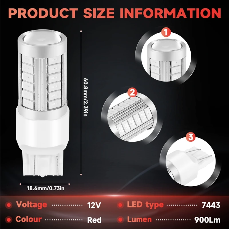 7443, T20 Led Bulbs Red 900 Lumens Super Bright Turn Signals Light Brake Stop Parking Light Back Up Reverse Light Tail Light Bul