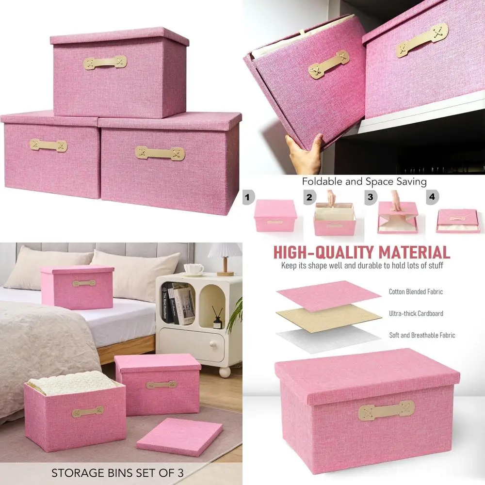

Pink Fabric Linen Storage Boxes with Lids & Handles, 3-Pack, Foldable Organizer for Home & Office
