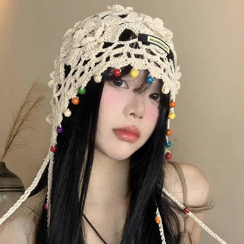 Handmade Crochet Hat Y2k Fashion Hollow Beanie Hat Cap with Beads Tassle Thread Knitting Thin  Baotou Hat for Decoration Japan