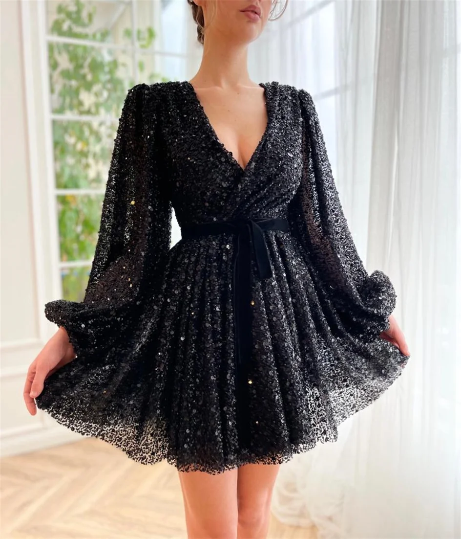 Shiyicey V-neck Lace Elegant Black Sequin Prom Dresses Long Sleeves Mini A-Line Formal Party Dresses