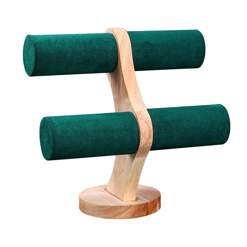 2-Tier Curved Wood Bracelet Holder Velvet & PU Leather Bangle Watch Display Stand Jewelry Store Counter Display Photography Prop view 5