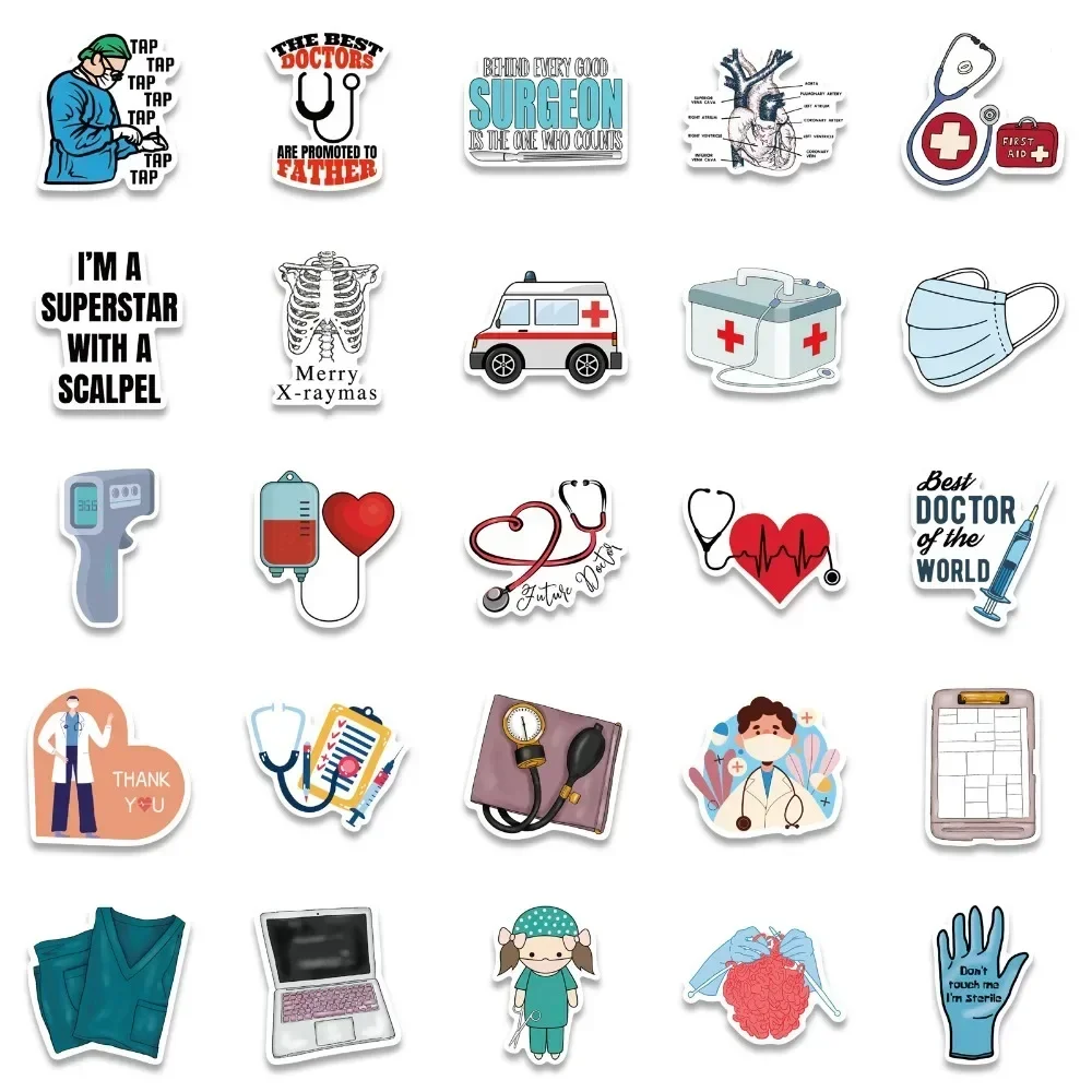 50pcs Cartoon Stickers for Doctors Medical Item Stethoscope Waterproof Stickers Bottle Mobile Phone Decorations