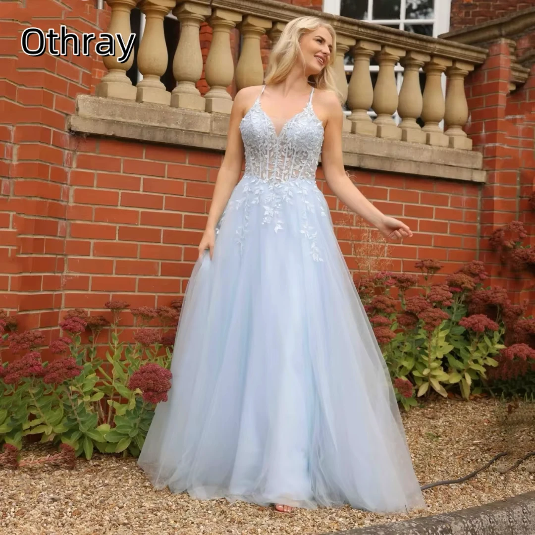 Othray 우아한 스파게티 스트랩 댄스 파티 원피스 레이스 아플리케, 얇은 명주 그물 바닥 길이 댄스 파티 드레스, A 라인 코르셋, 맞춤형 행사 드레스