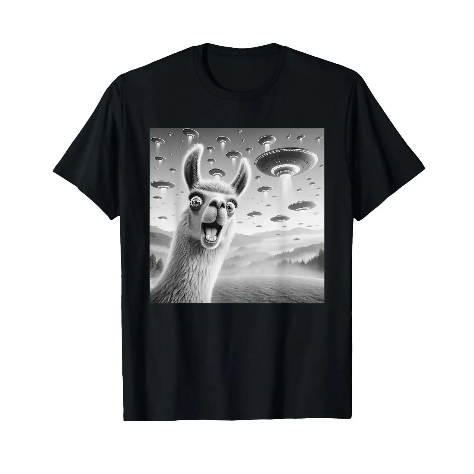 Llama Selfie UFO alien surprised T Shirt vintage Washed streetwear Stretched Soft Comfortable graphic homme Unisex Stylish