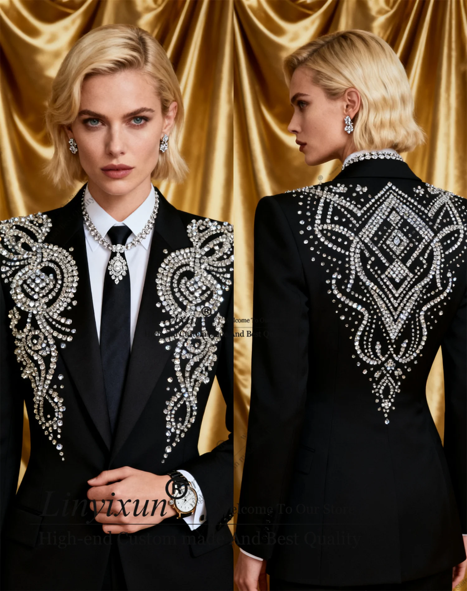 Elegant style Rhinestones Customized Women's Suit 2 Pieces пиджак женски Slim Diamond Luxury Womens Clothing Pant