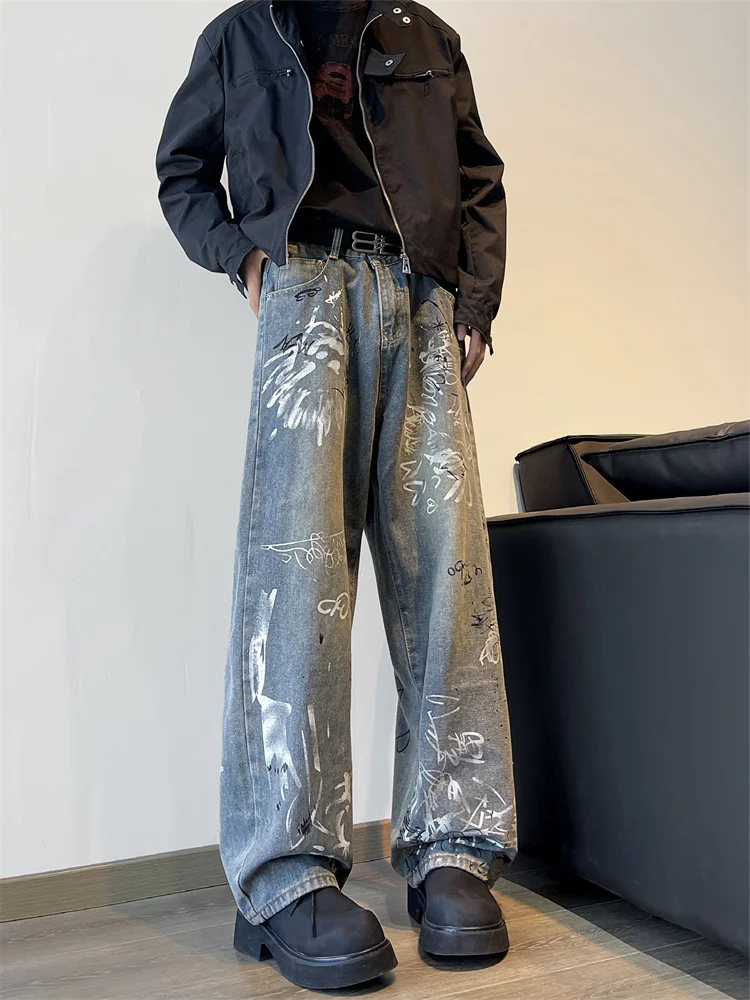 

Retro American Graffiti Print Loose Men's Jeans Hip Hop Trendy Streetwear Casual Long Trousers Versatile Straight Leg Pants