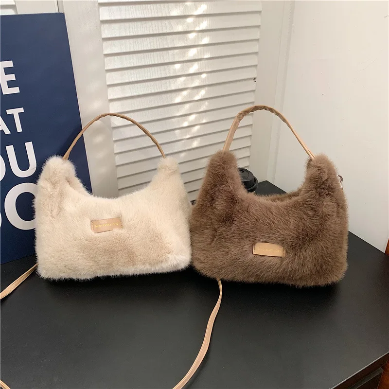 Winter Casual Furry Shoulder Bags for Women Solid Color Soft Plush Ladies Clutch Purse Handbags Lightweight Female Hobos Bag