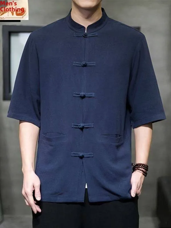 

Linen ort Sve irt Men's Sle Summer Thin Cotton Linen f Sve Chinese Tang Costume Hanfu Large Size Top