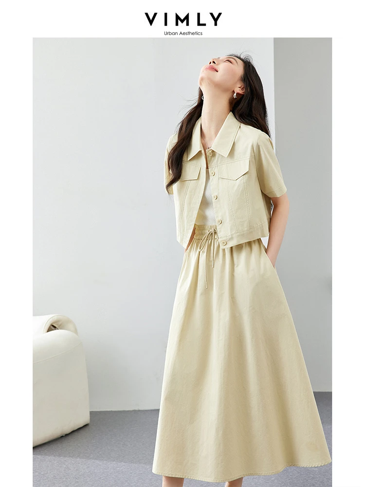 VIMLY Women Workwear Shirt Suit Skirt 2024 Summer Two Piece Set Casual Loose Turndown Collar Shirt+ Tie At Waist Skirt 16659