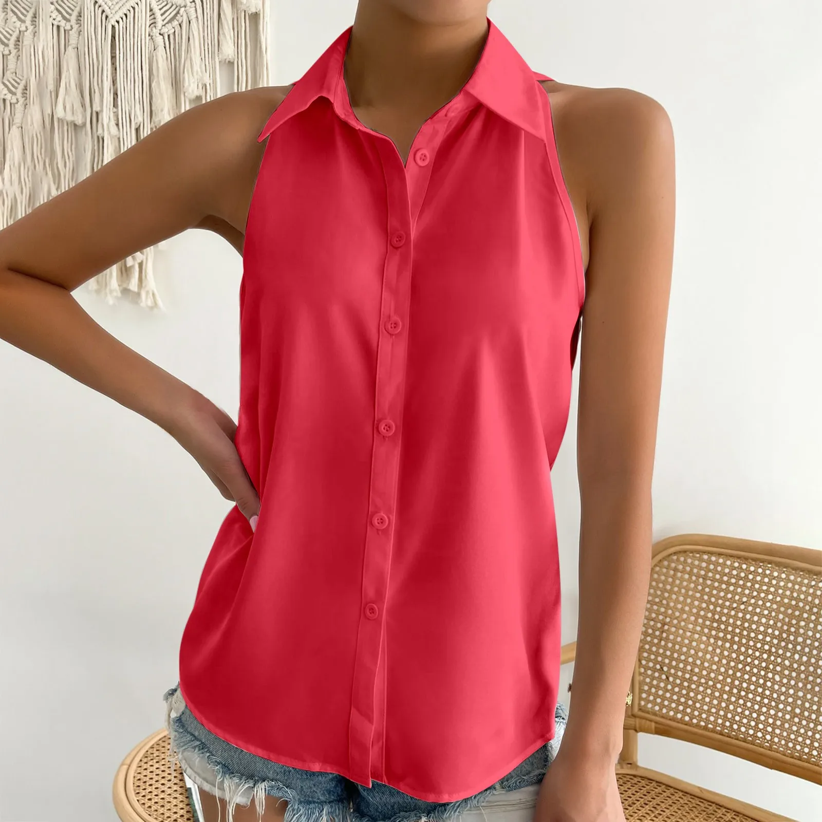 Women\'s Shirt Fashion Lapel Single Breasted Sleeveless Shirt Vest 2024 New Solid Color Solid Color Casual Loose V Neck Blouse