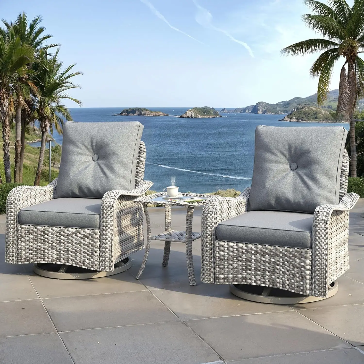 

3 Piece Outdoor Wicker Patio Furniture Set,High Back Swivel Rocker Patio Chairs with 4" Thickened Cushions & Side, Custom