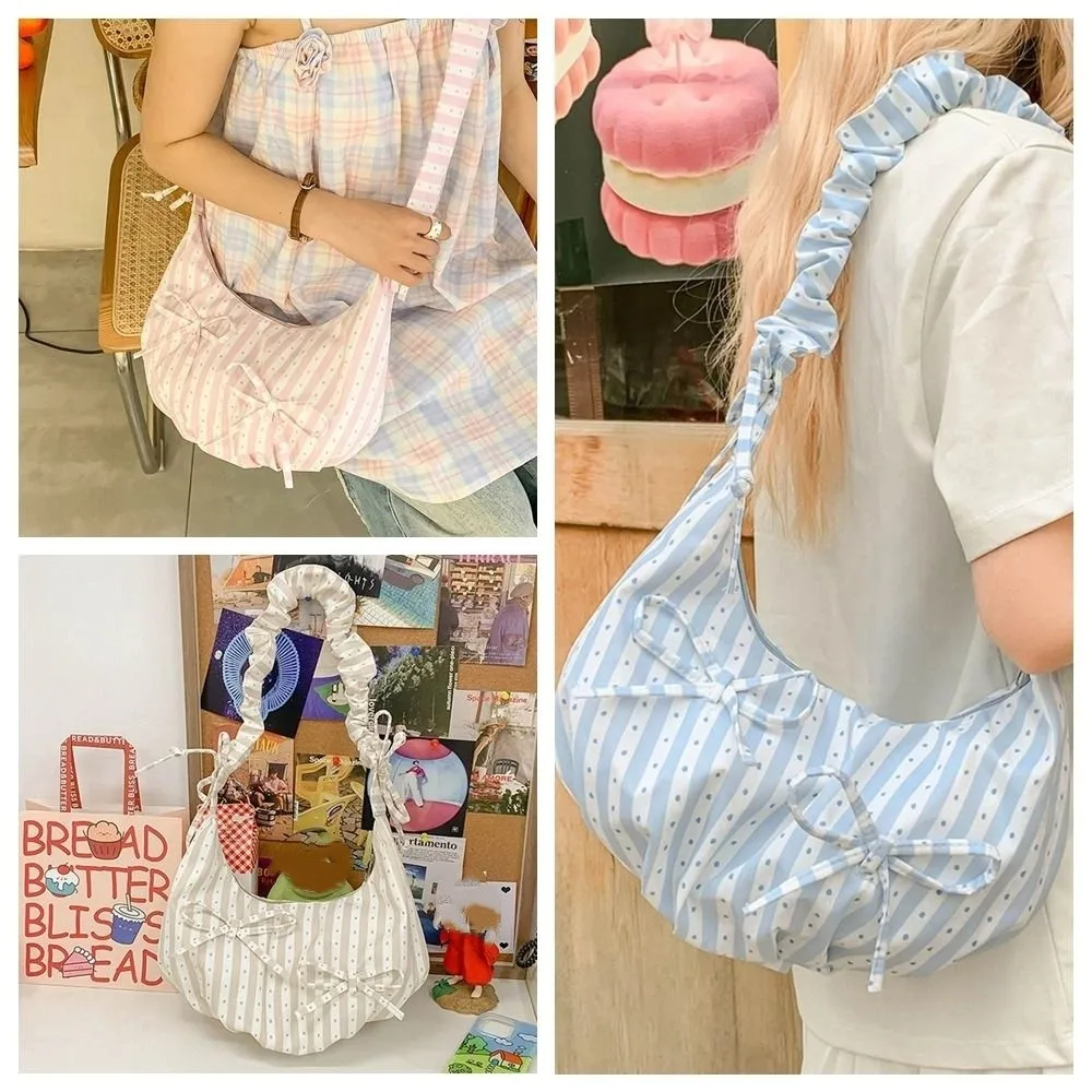 캐주얼 스위트 천 덤플링 백 신선한 색상 스트라이프 리본 토트백 언더암 백 전원풍 플리츠 숄더백 여행용