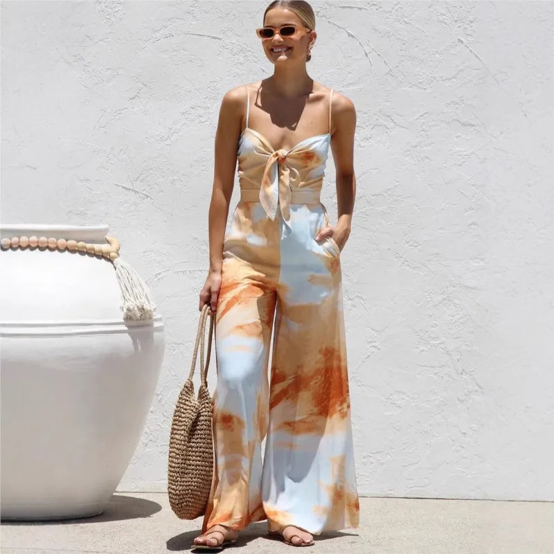 

Summer New Print Spaghetti Strap Lace-up Jumpsuits Women Sexy Low Cut Bowknot High Waist Wide Leg Jumpsuit Vacation Style Female