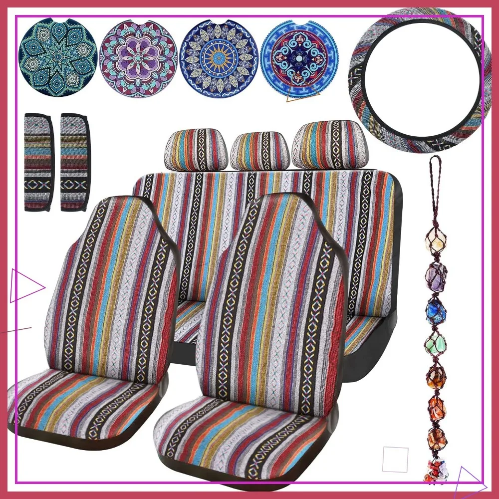 

14-Piece Multicolor Stripe Boho Car Seat Covers Set with Steering Wheel and Accessories for Sedans