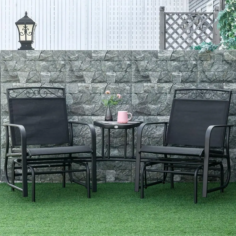 Outdoor Glider Chairs with Coee Table, Patio 2-Seat Rocking Chair Swing with Breathable Sling or Backyard, Garden and Porch, Bla