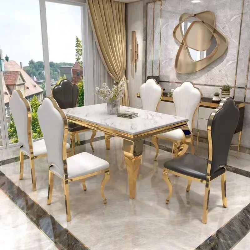 Modern luxury royal white marble gold stainless steel dining table with 6 chairs set living dinning room furniture designer