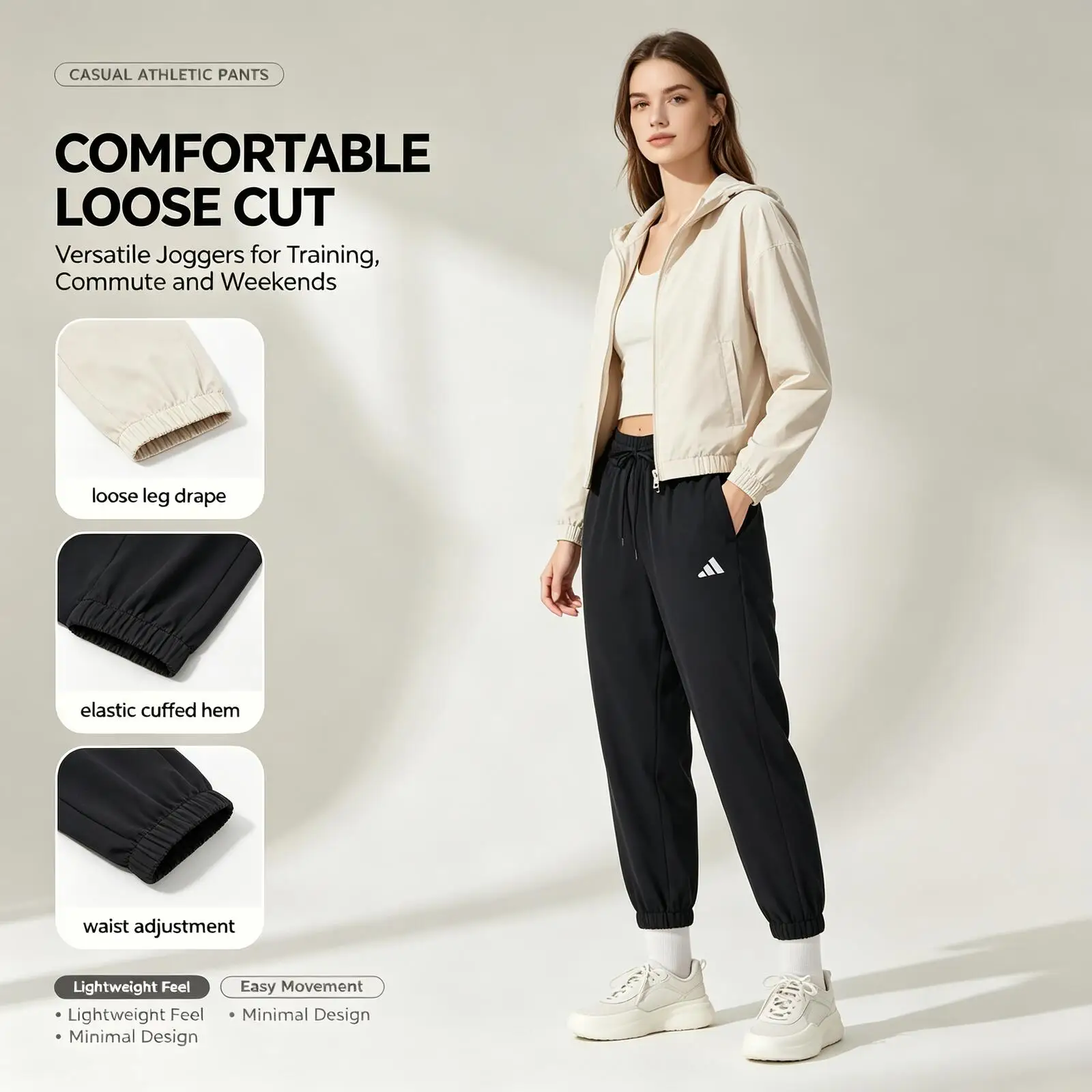 New Adidas Flash Sale 2026 Sport Women Black Jogger Pants Loose Fit Casual Sport Trousers Elastic Waist Cuffed Ankle Pants