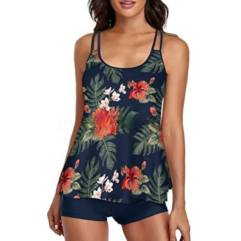 مثير 2 قطعة مجموعة النساء Tankini مجموعة U الرقبة حبال القمم سراويل للسباحة مجموعة بلون تصميم الشاطئ نمط ملابس السباحة مجموعة البكيني