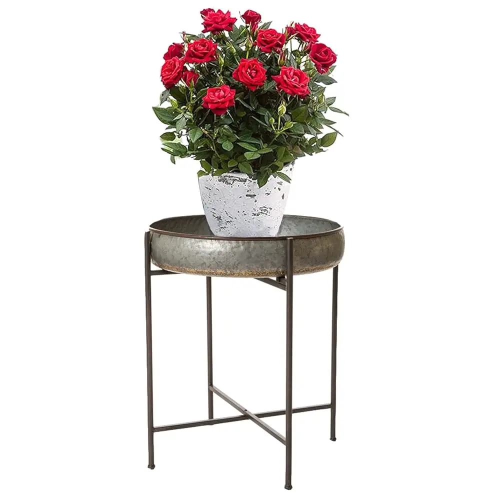 

25.8""H Metal Plant Stand With Removable Round Tray,Folding Galvanized Coffee Sofa End Table Flower Pot Holder Shelves Planter