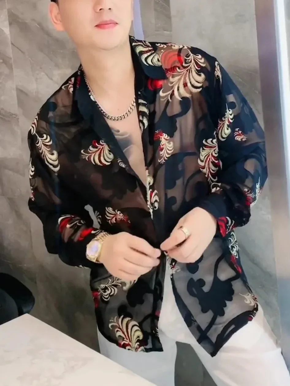 

Floral Embroidery Half Sheer Chic Man's Sexy Costumes Live Show Dance DJ Club Bar