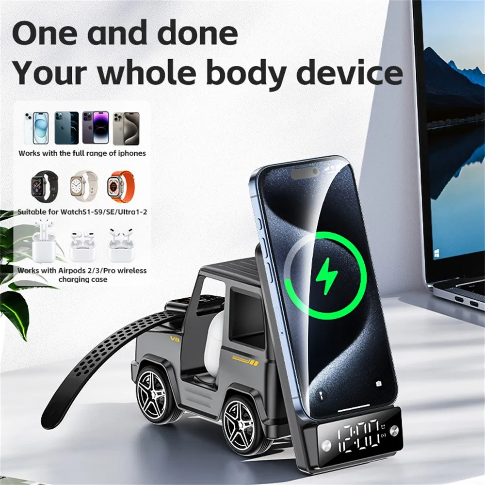 Wireless Charger Station With Alarm Clock Bluetooth Speaker Fast Charging Stand for iPhone 15 14 Pro Max Apple Watch 9 8 Airpods