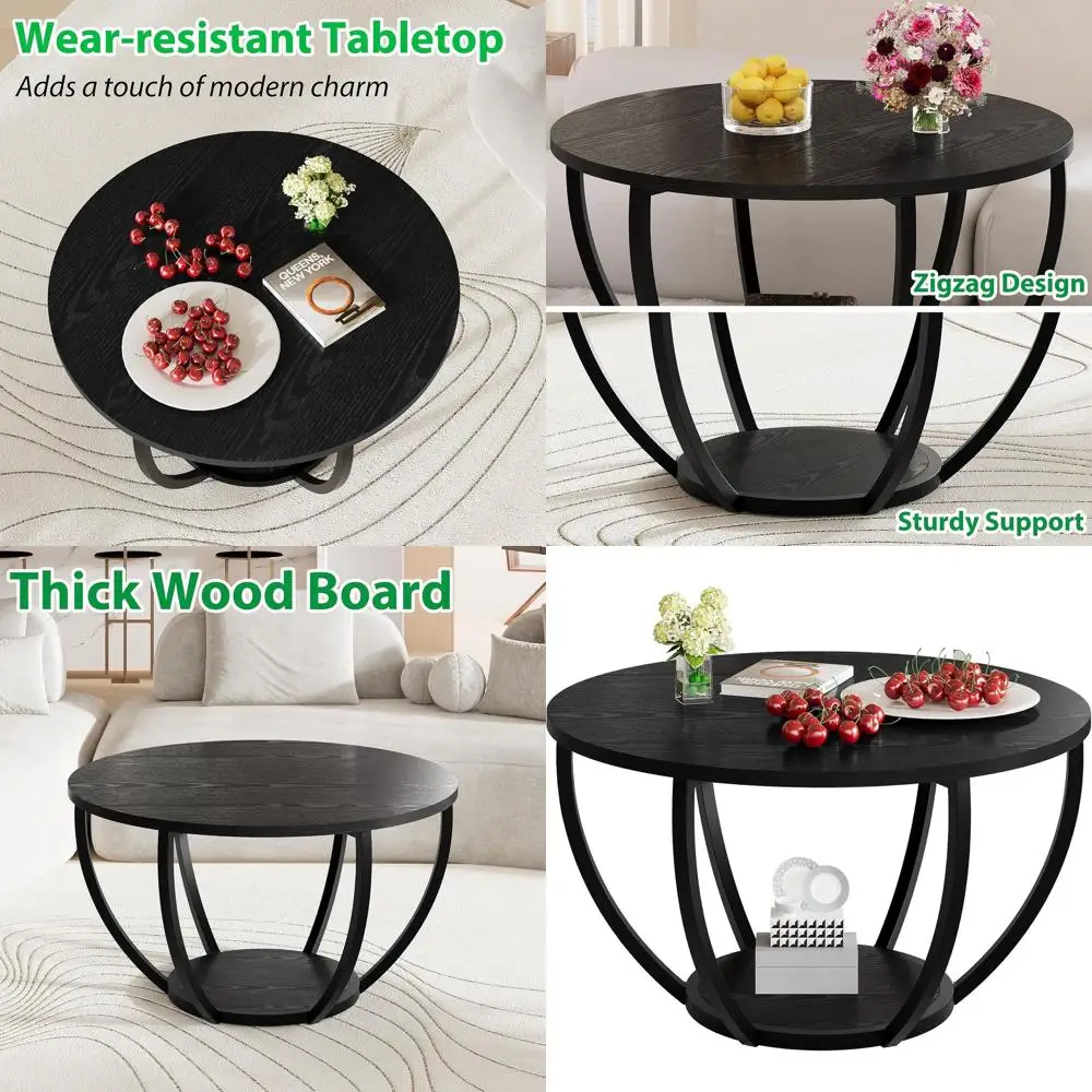 

Wooden 2-Tier Round Coffee Table with Storage, Ideal for Living Room or Home Office, Black