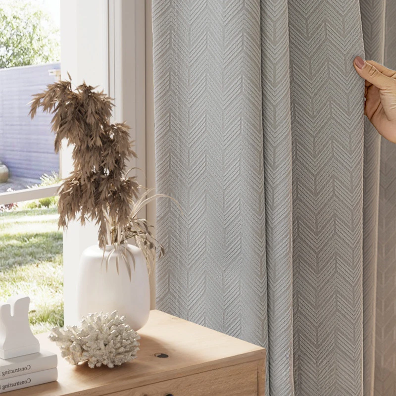 French Luxury Retro Chenille Herringbone Jacquard Light Gray Curtain Milky coffee Curtains for Living Dining Room Bedroom Custom