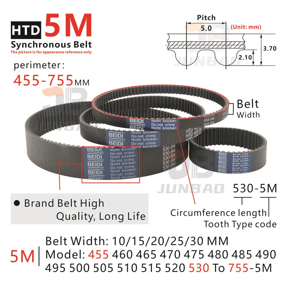 HTD 5M Timing Belt, Rubber Synchronous Belt for 3D Printer, CNC Machine | Length 455-755mm & Width 10/15/20/30mm|High Precision