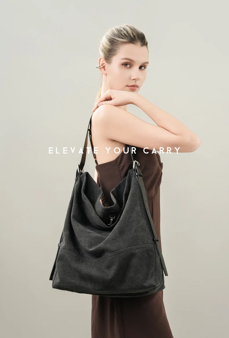 Vintage Leather Tote Bag Large Capacity Canvas Shoulder Bag Commuter Artistic Underarm Soft Bucket Bag Chinese Origin