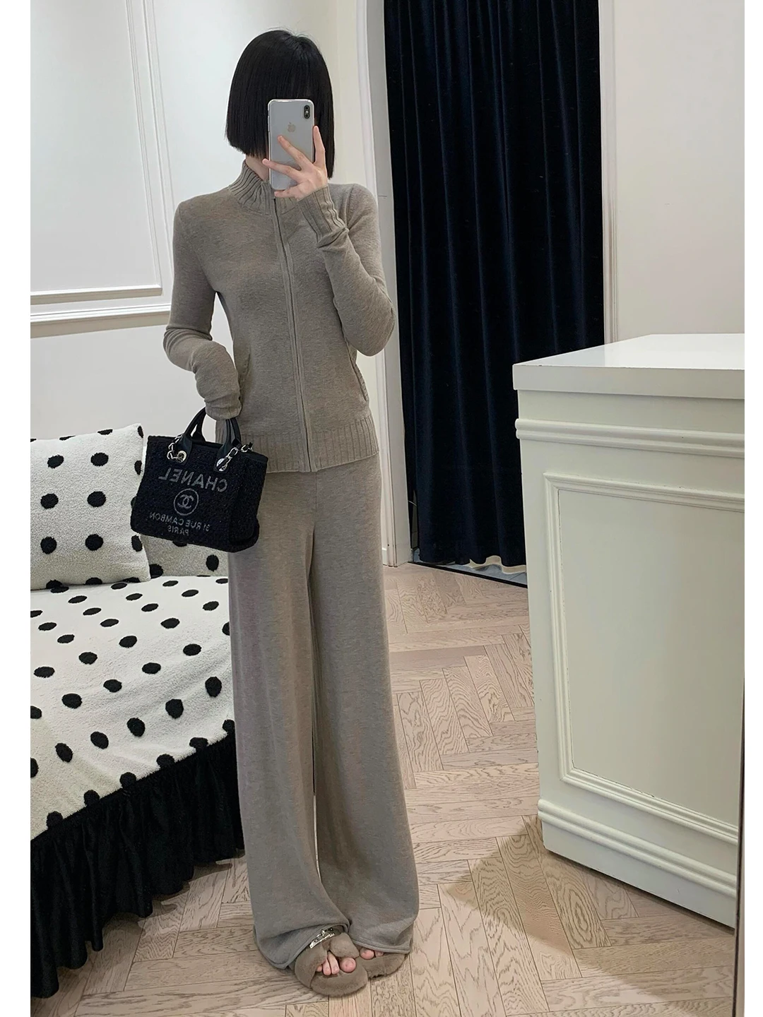 Casual Knitted Set Women's Slim Fit Sweatshirt Jacket Long Pants Two Piece Set Autumn Minimalist Camel Color Lazy Style Fashion