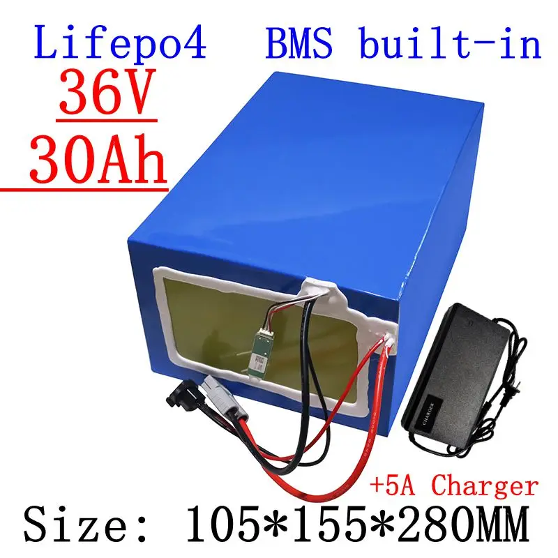 Rechargeable 36V 30Ah Lithium LiFePO4 Battery Pack for 1500W Electric Karts Go-Kart Electric Trike Scooter +5A Charger