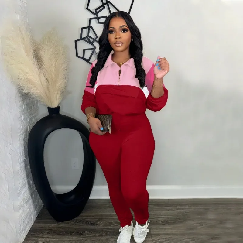 Sporty Casual Two Piece Set for Women Sweatsuit Fall Winter Patchwork Sweatshirt Top and Pants Running Tracksuit Joggings Femme