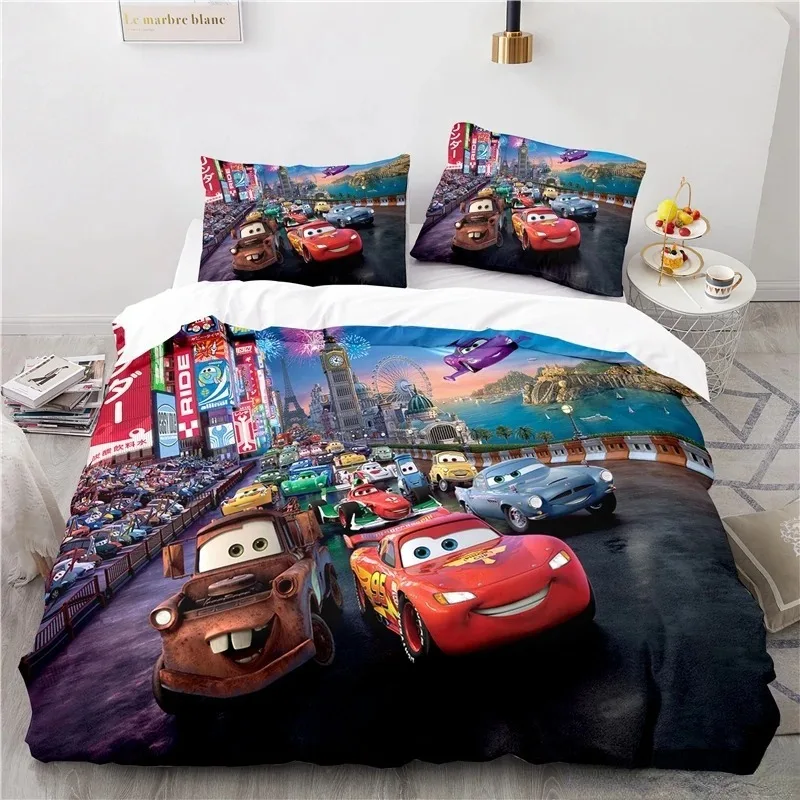 Set biancheria da letto auto Lightning McQueen con federa copripiumino Anime, per bambini adulti, per letto singolo letto matrimoniale