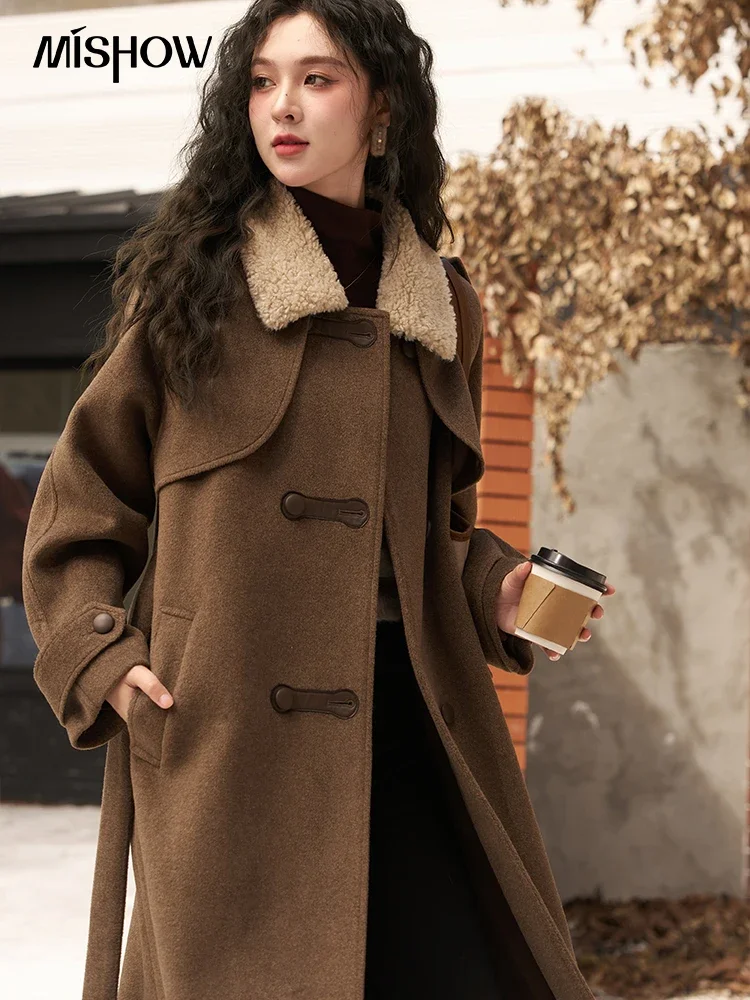 

MISHOW Winter Thick Woolen Long Coat for Women 2023 Loose Warm Female Overcoats Lamb Fur Collar Coats Woman Clothing MXC55W0142