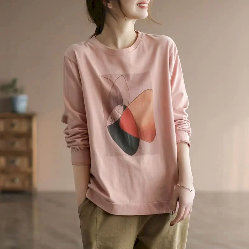 Pop Pop Literary T-shirts Women Harajuku Abstract Print Tees Oversized Casual Korean Style Long Sleeve O-neck Aesthetic Clothes