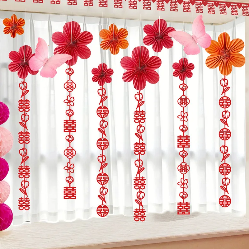 

Chinese Wedding Decoration Bedroom Long Xi Word Pull Flower Wedding New Room Decoration Living Room Background Hanging Decor