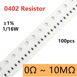 100pcs 1% 0402 SMD resistor 0R10R20R22R100R120R200R330R470R510R1K1.5K2.2K3.3K4.7K5.1K10K12K15K20K22K30K47K51K100K200K510K1MΩ ohm