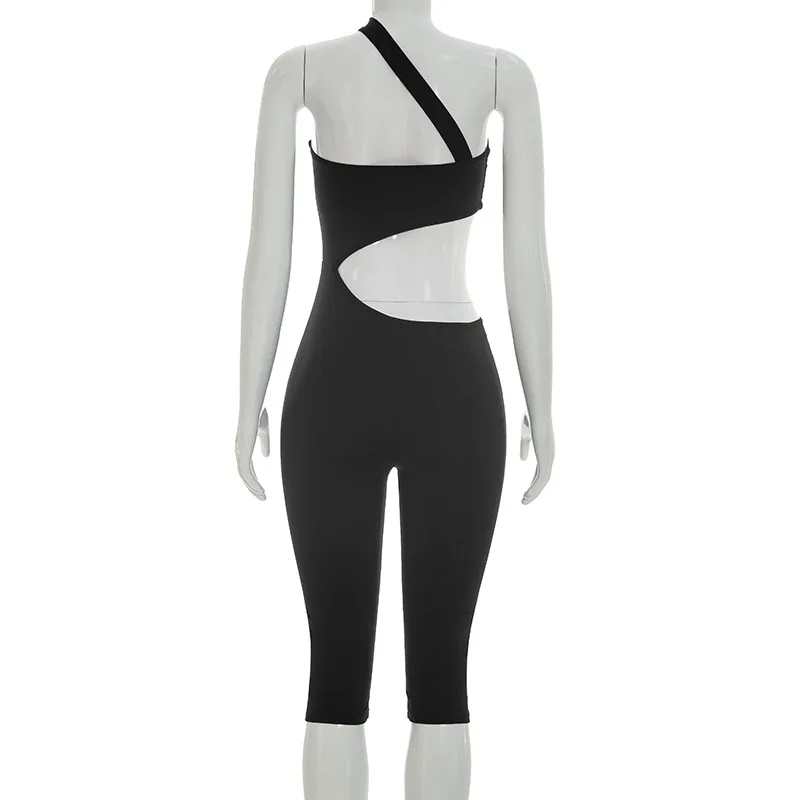 Combinaison Courte Noire Élégante pour Femme, Asymétrique à Une Épaule, Découpes à la Taille, Sans Manches, Moulante, Sexy, pour Soirées et Clubs, Été 2026