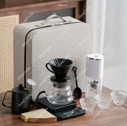 Travel Hand Brew Coffee Set Electric Bean Grinder Stainless Steel Coffee Pot Household Storage Kit