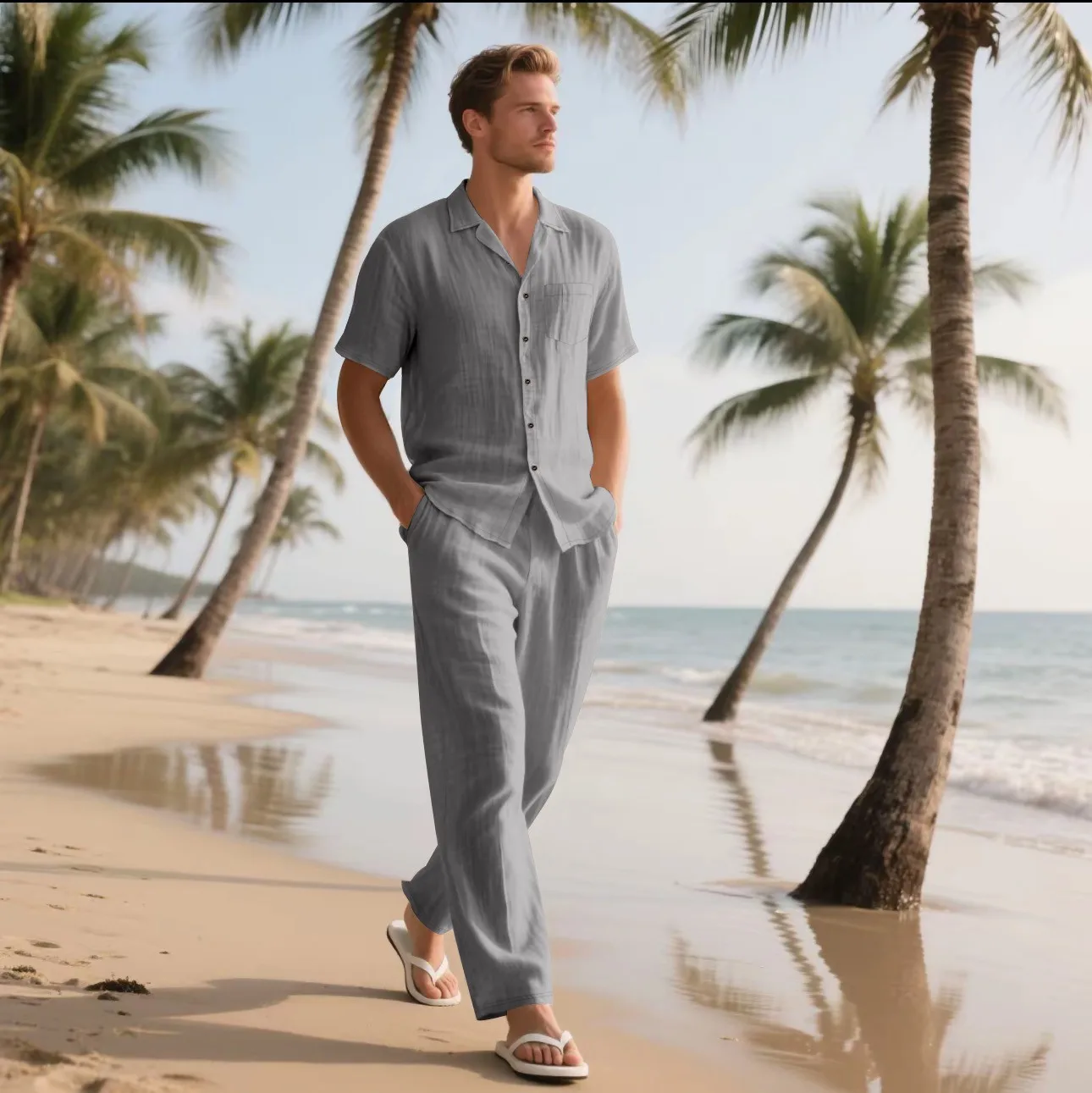 The 2025 Summer Beach Men's linen short-sleeved shirt set is a two-piece long pants set suitable fordaily casual beach vacations